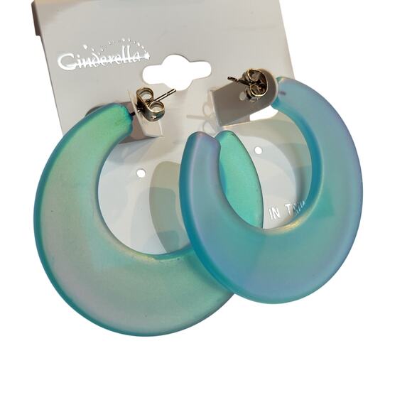 Blue Hoop Earring 1.7" Retro Bold Iridescent Y2K Festival Pierced 80's Statement - Picture 7 of 7